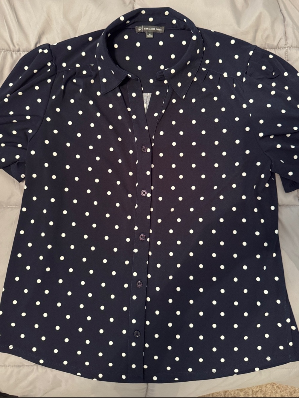 Adrianna Papell Navy and White Polka Dot Button-Down Blouse